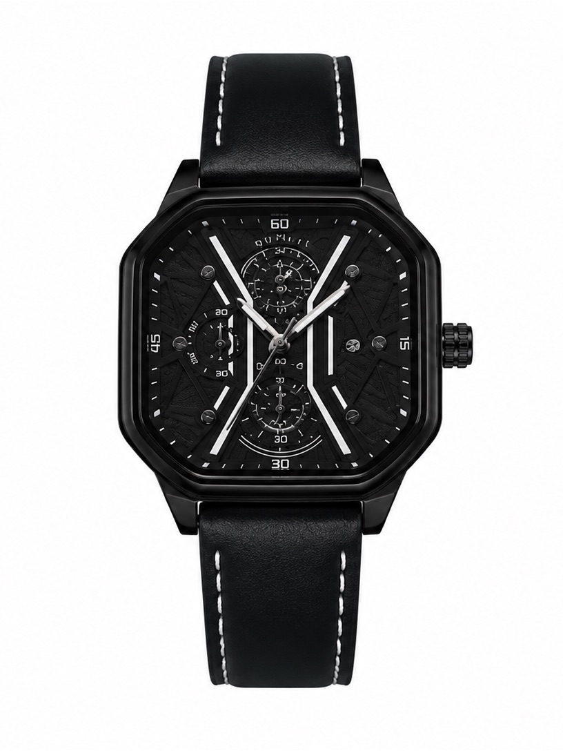 Black Square Chronograph Watch With Leather Strap